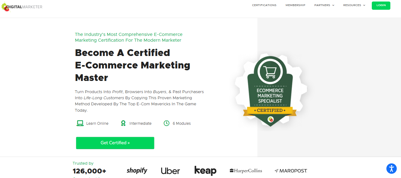 Digital Marketer sales landing page for ecommerce marketing certification course